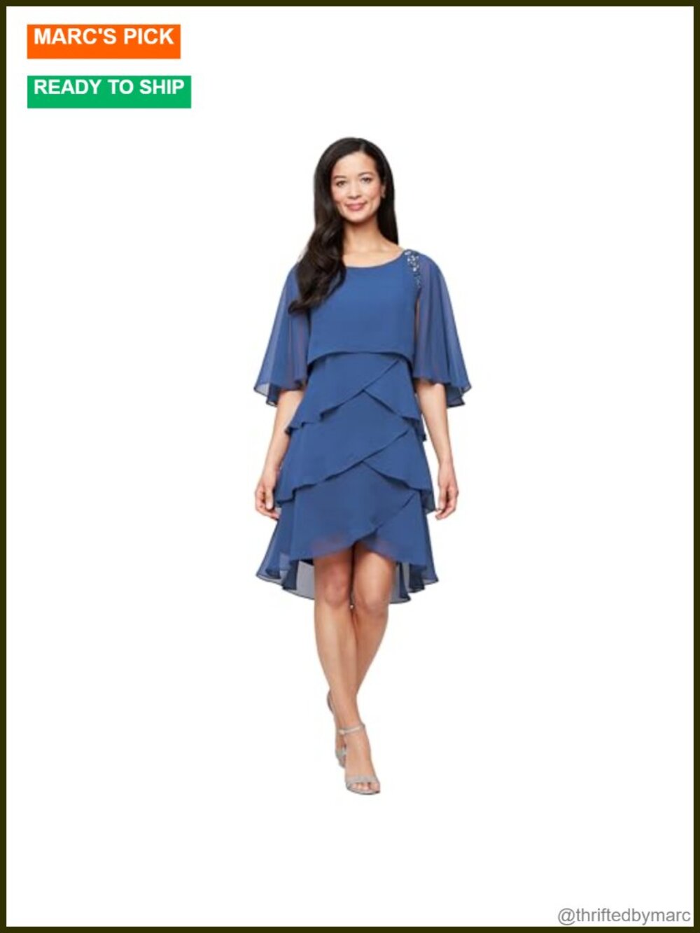 Tiered Chiffon Cocktail Dress Attached Cape Beaded Shoulders